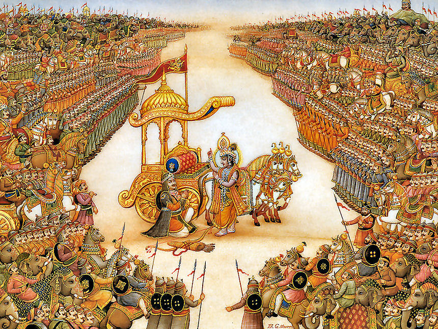 Krishna and Arjuna on the battlefield of Kurukshetra